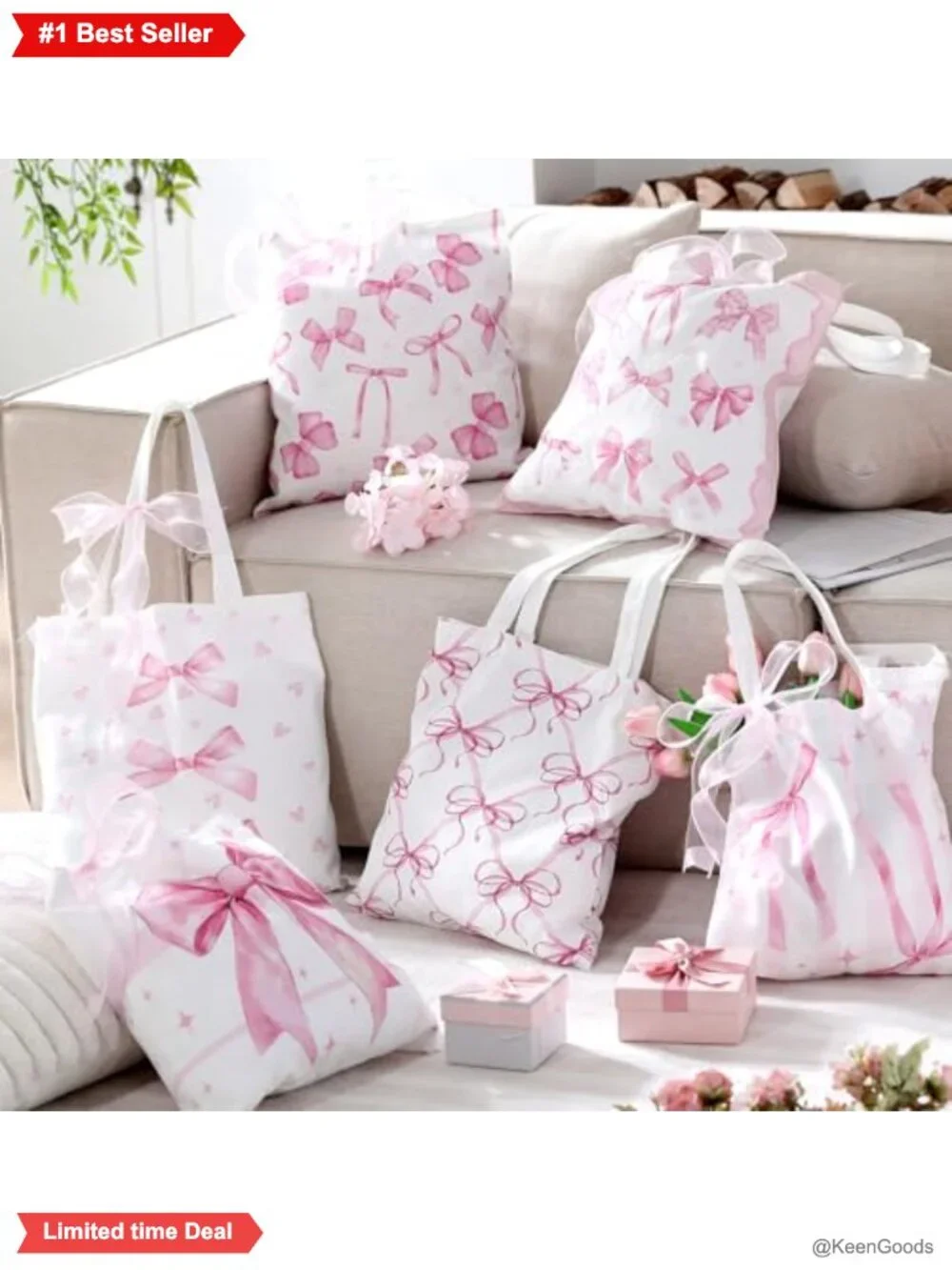 6 Pack Canvas Tote Bags with Ribbon DIY Bow Aesthetic Reusable Gift Set